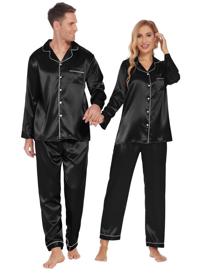 Ekouaer Couple Pajamas Women's Silk Satin Pajama Set Button Down Sleepwear with Pockets 2 Piece Pjs Set Black,M - Image 1